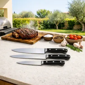 des couteaux de chef cuisinier sur un plan de travail de cuisine extérieure