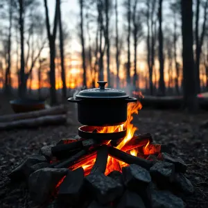 une cocotte hollandaise sur un feu de bois au crépuscule