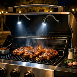 des lampes de grillade de type LED surmontant un barbecue sur lequel cuit des cotes de porc