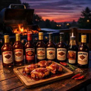 un panel de sauces BBQ américaines au crépuscule