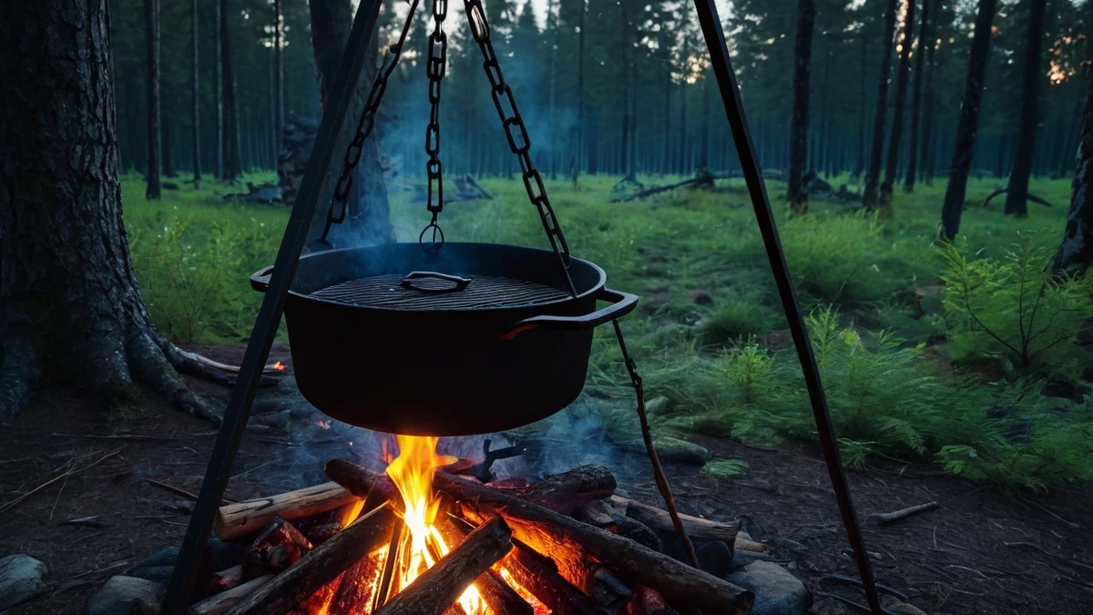 Cuisiner au Dutch oven (cocotte en fonte) sur un trépied de camp
